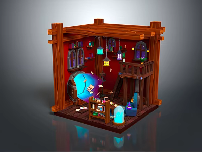 Cartoon Style Magical Room Scene With Wooden Frame Red Walls Magic Globe And Hanging Lanterns 3d model