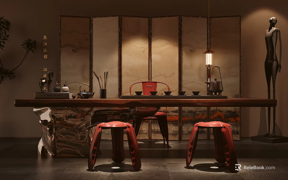 Traditional Chinese Tea Room Interior With Wooden Table Red Stools Tea Sets And Screen Panels 3d model 