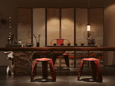 Traditional Chinese Tea Room Interior With Wooden Table Red Stools Tea Sets And Screen Panels 3d model