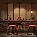 Traditional Chinese Tea Room Interior With Wooden Table Red Stools Tea Sets And Screen Panels