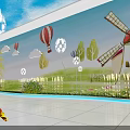 Event Passageway Featuring Blue Ceiling Paper Planes Dandelion Lights Green Plants And Murals