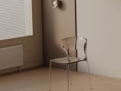 Transparent Dining Chair With Metal Legs In Modern Room With Light Walls And Wooden Floor 3d model