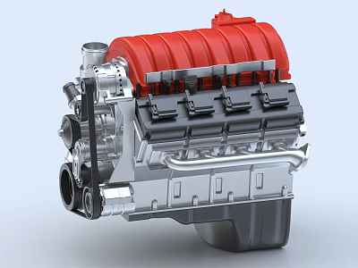 Automotive Engine With Red Valve Cover Silver Cylinder Block And Mechanical Components Design 3d model