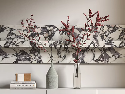 Ceramic and Glass Vases with Red Branches on White Cabinet Against Marble Wall Background 3d model
