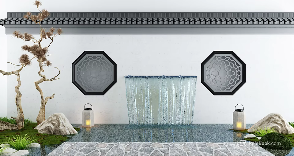 Scenic Wall Featuring White Surface Octagonal Carved Windows Central Waterfall And Stone Lanterns 3d model