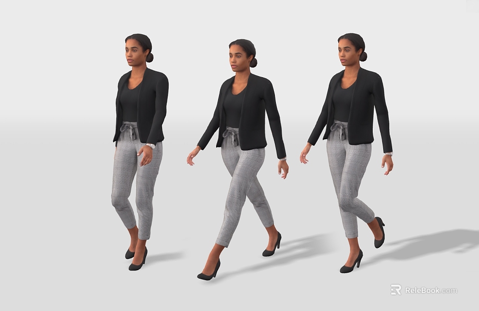 Woman in Various Walking Poses with Black Top Gray Pants Black Heels on Gray Backdrop 3d model 