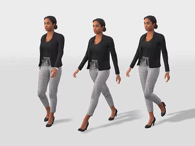 Woman in Various Walking Poses with Black Top Gray Pants Black Heels on Gray Backdrop 3d model