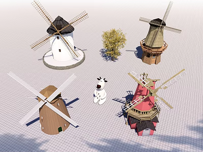 Colorful Playground Windmill Equipment With Various Styles And Decorative Tree Cow Figure 3d model