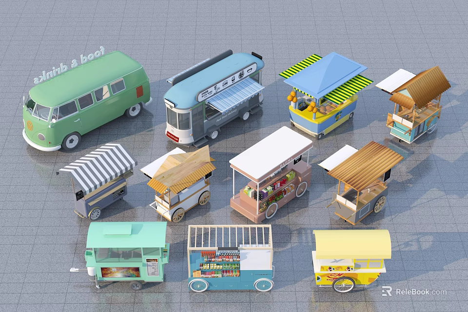 Commercial Food Equipment Mobile Food Carts And Street Vending Trucks With Various Outdoor Business Designs 3d model 
