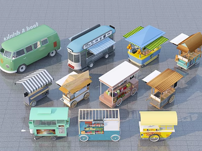 Commercial Food Equipment Mobile Food Carts And Street Vending Trucks With Various Outdoor Business Designs 3d model