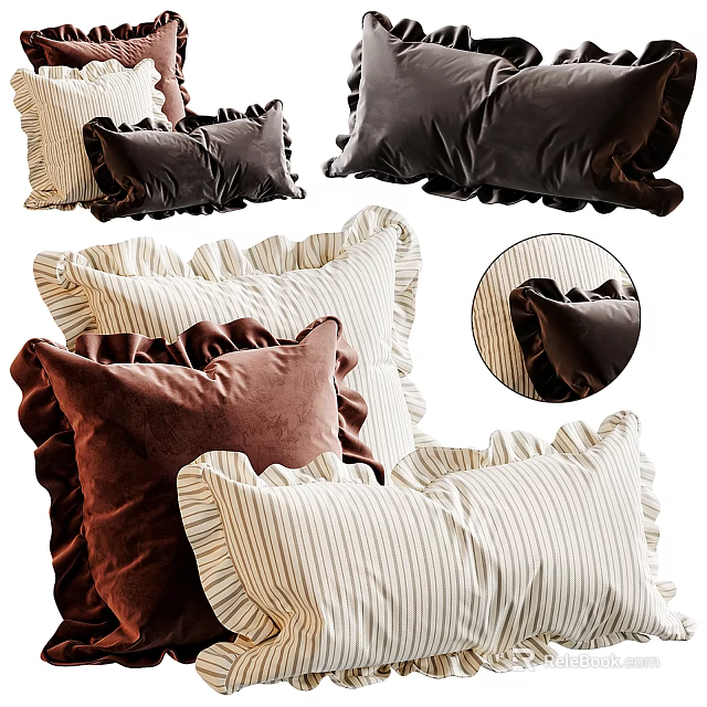 Velvet Ruffled Striped Pillows In Brown And Beige For Decorative Interior Accent 3d model 