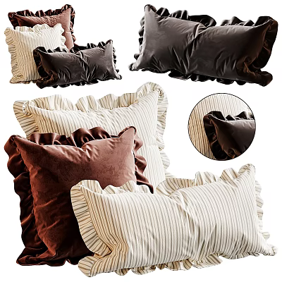 Velvet Ruffled Striped Pillows In Brown And Beige For Decorative Interior Accent 3d model