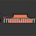Traditional Chinese Architecture Featuring Yellow Purple Roof Curved Black Eaves Front Columns And Figures