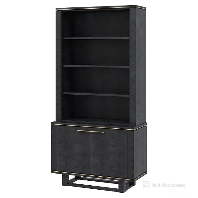 Elegant Black Storage Cabinet With Open Shelves Gold Handles And Lower Doors 3d model 
