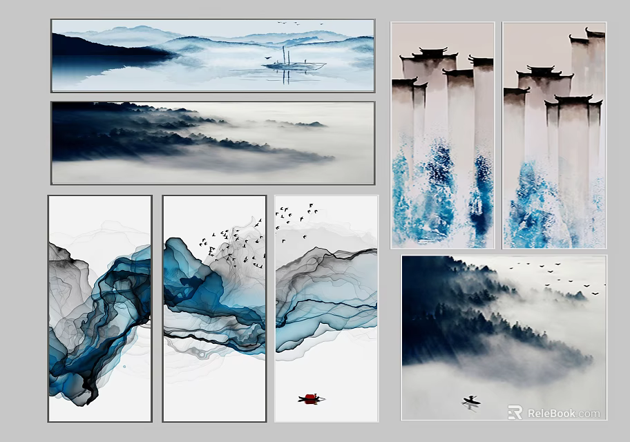 Ink Wash Landscape Paintings With Mountains Clouds Birds And Boat In Multiple Panels 3d model 