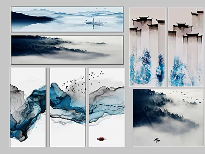Ink Wash Landscape Paintings With Mountains Clouds Birds And Boat In Multiple Panels 3d model