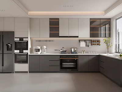 Modern Gray Kitchen Interior With White Countertop Cabinets Refrigerator And Oven 3d model