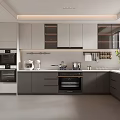 Modern Gray Kitchen Interior With White Countertop Cabinets Refrigerator And Oven