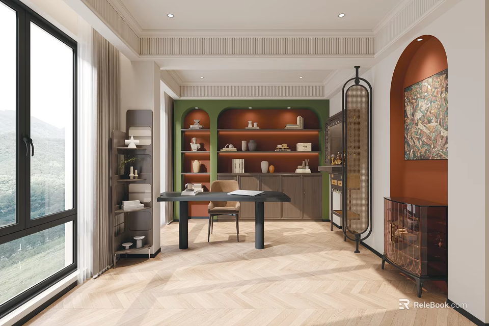 Modern Study Room Interior With Large Window Bookshelves And Desk 3d model