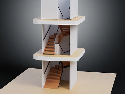 Multi Level Architectural Model With Spiral Staircase White Platforms And Wooden Stairs 3d model