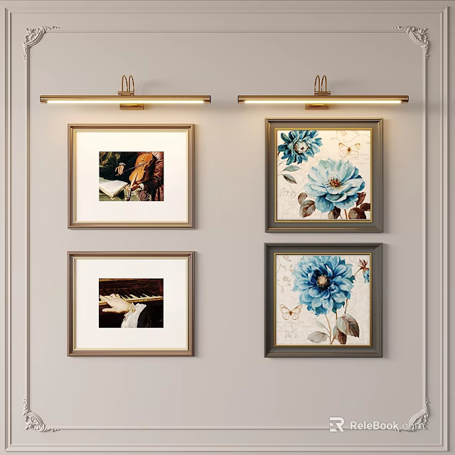 Modern Decorative Wall Lamp Mounted on Living Room Wall with Four Framed Paintings 3d model 