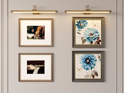 Modern Decorative Wall Lamp Mounted on Living Room Wall with Four Framed Paintings 3d model