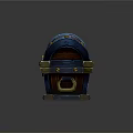 Wooden Treasure Chest With Blue Decorative Bands Golden Metal Fittings And Central Gemstone