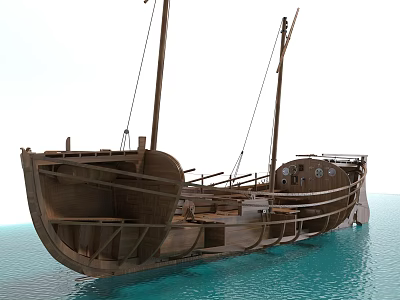 Wooden Boat Floating On Blue Water With Masts And Hull Structure 3d model