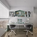 Kids Room Design with Loft Bed Green Railings Dinosaur Decor Study Desk Storage Drawers