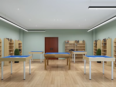 Spacious Indoor Playground Area with Tables Bookshelves Wooden Floors and Red Door 3d model