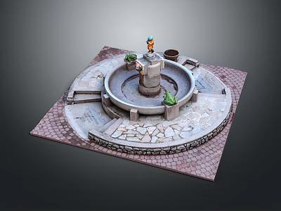 Elegant Garden Ornament Design With Circular Fountain Green Plants Stone Paved Ground And Inscription REMARES 3d model