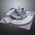 Elegant Garden Ornament Design With Circular Fountain Green Plants Stone Paved Ground And Inscription REMARES