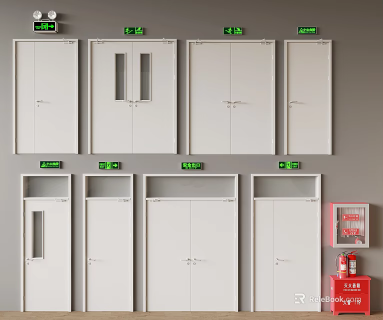 White Fire Doors With Green Signs And Fire Safety Equipment Installation 3d model 