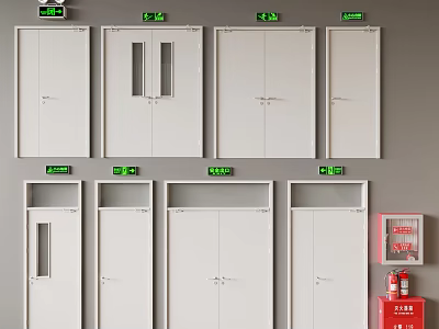 White Fire Doors With Green Signs And Fire Safety Equipment Installation 3d model