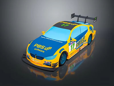 Yellow And Blue Racing Car With PBSS MOTUL Logos Number 17 And Rear Wing 3d model