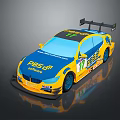 Yellow And Blue Racing Car With PBSS MOTUL Logos Number 17 And Rear Wing
