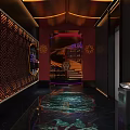 Stylish Modern Bar Lounge Interior With Illuminated Wine Racks And Plush Sofa
