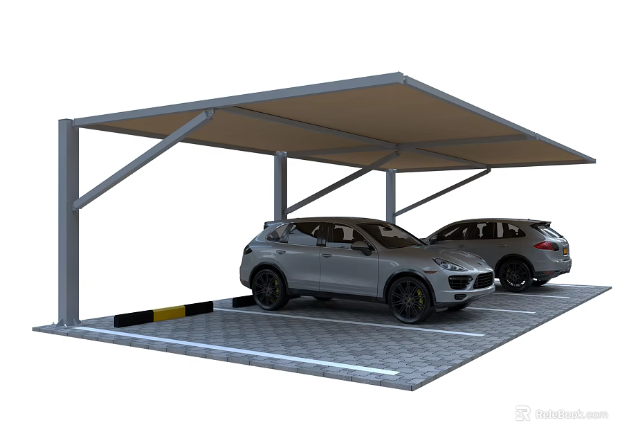 Carport With Metal Frame And Canopy Covering Two Parked Cars On Paved Surface 3d model 