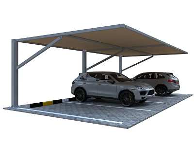 Carport With Metal Frame And Canopy Covering Two Parked Cars On Paved Surface 3d model