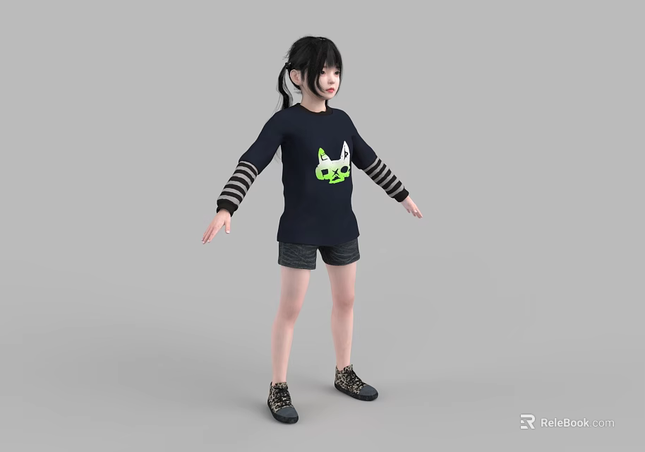 Young Woman In Black Long Sleeve Top With Striped Sleeves Green Cartoon Graphic And Shorts 3d model 