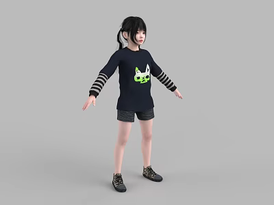 Young Woman In Black Long Sleeve Top With Striped Sleeves Green Cartoon Graphic And Shorts 3d model