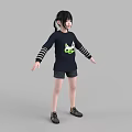 Young Woman In Black Long Sleeve Top With Striped Sleeves Green Cartoon Graphic And Shorts