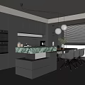 Modern Luxury Restaurant Interior With Open Kitchen Island Gray Cabinets Pendant Lights And Dining Chairs