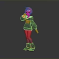 3D Woman Character With Red Short Hair Dark Blue Top Red Pants And Black Boots
