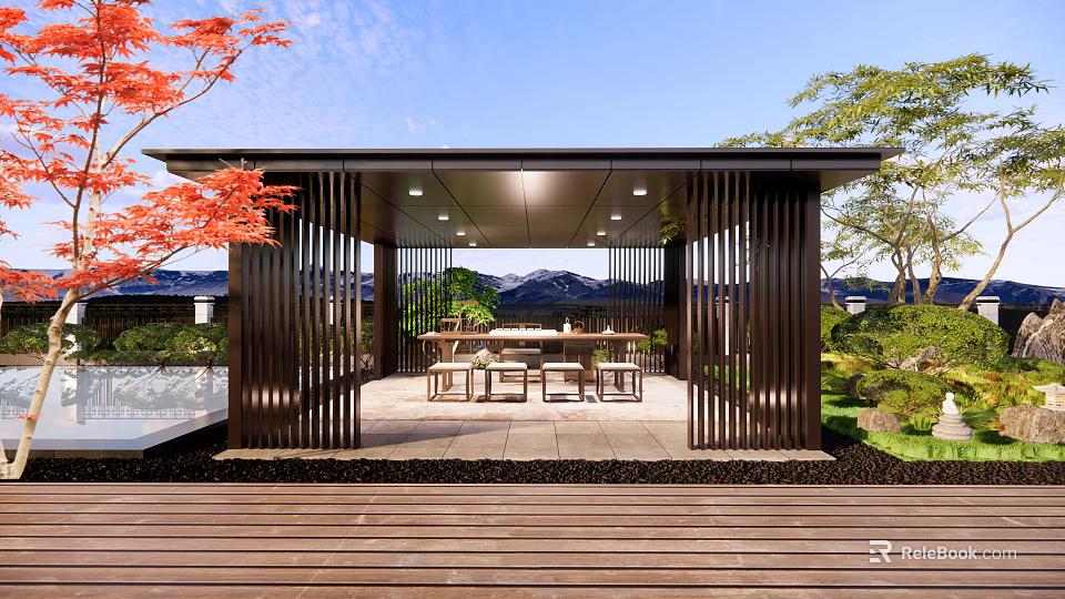 Traditional Outdoor Pavilion With Wooden Frames Red Maple Leaves Scenic Natural Landscape And Leisure Seating 3d model 
