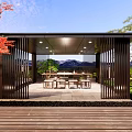 Traditional Outdoor Pavilion With Wooden Frames Red Maple Leaves Scenic Natural Landscape And Leisure Seating