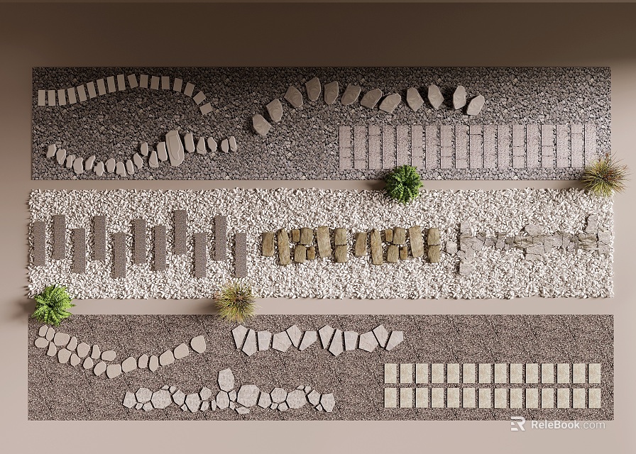 Decorative Stone Wall With Various Shapes Stones Arranged In Patterns And Green Plants 3d model 