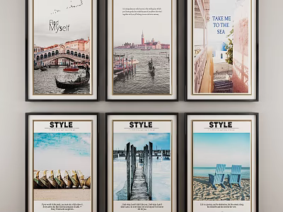 Vintage Landscape Paintings with Venice Bridge Gondola Pier and Beach Chairs Wall Decor 3d model