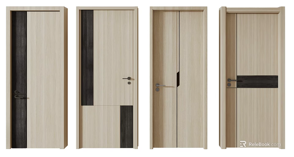 Modern Wooden Hinged Doors With Various Panel Designs And Decorative Strips 3d model