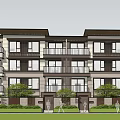 Modern Three Story Townhouse Exterior With Balconies Large Windows And Green Lawn